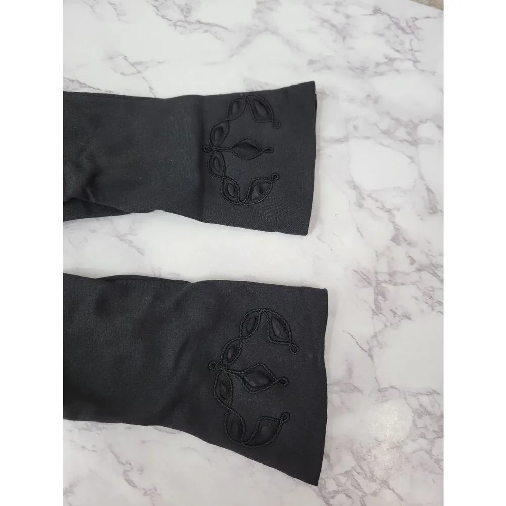Vintage Nylon Classic Black Dress Driving Formal Gloves Satin Inset & Embroidery